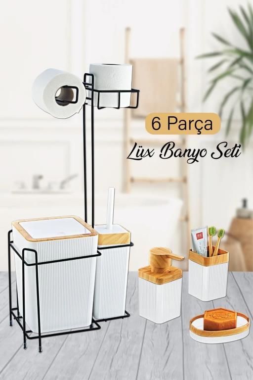 Metal Standlı Ahşap Desenli Wc Kağıtlık 6 Parça Lüx Banyo Seti Beyaz